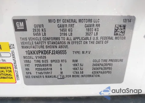 2015 GMC Acadia Sle-2 z USA, uszkodzony, nr VIN 1GKKVPKD6FJ249655